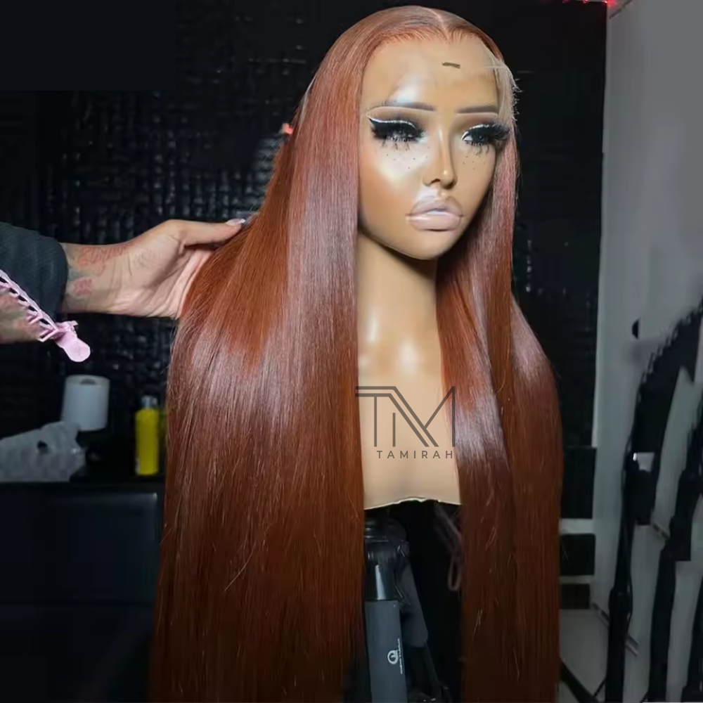 Transparent Orange Brown Straight Human Hair Wig – Pre-Plucked Hairline, HD Lace