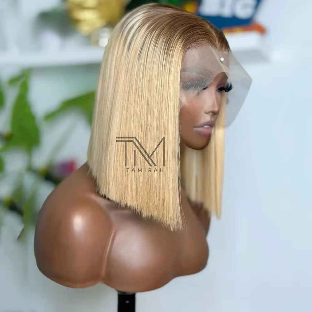 Honey Blonde Precision Cut Bob – HD Lace Front Human Hair Wig, Pre-Plucked Natural Hairline (Short Straight Bob)