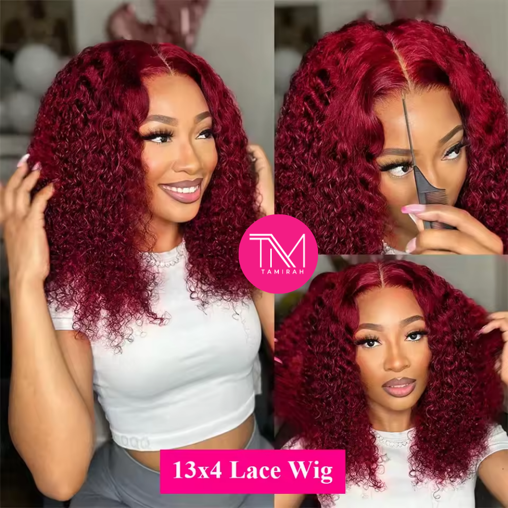 18 Inch Burgundy Deep Wave Bob – 13x4 HD Transparent Lace Front Human Hair Wig, Pre-Plucked, Water Wave Short Bob (99J Red)