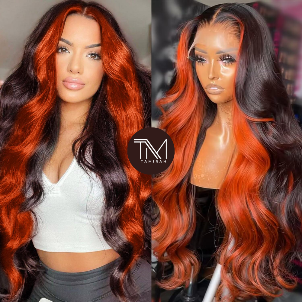 200% Density Ombre Copper Orange Body Wave Lace Front Wig Human Hair – 13x4 HD Transparent Lace, Pre-Plucked With Baby Hair (18 Inch)
